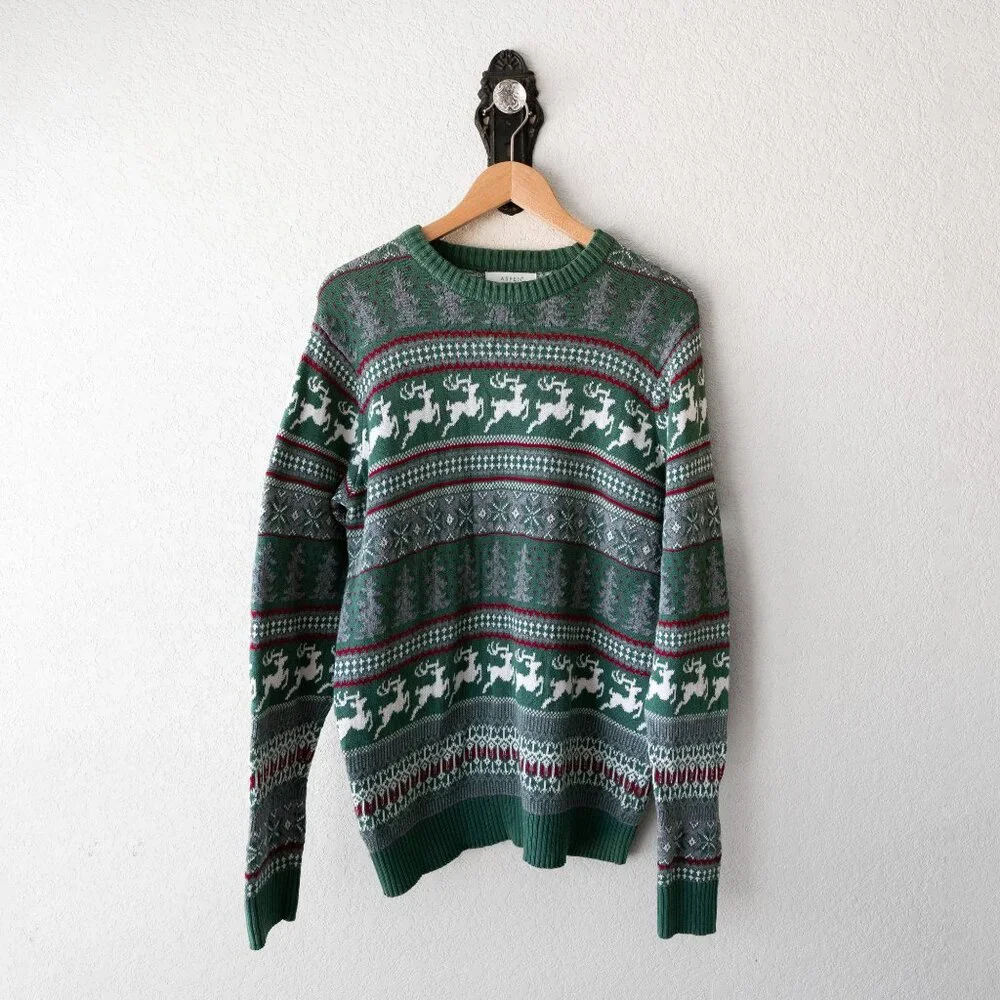 Aspen Men’s Fair Isle Sweater M Green Reindeer Christmas Holiday 100% Cotton